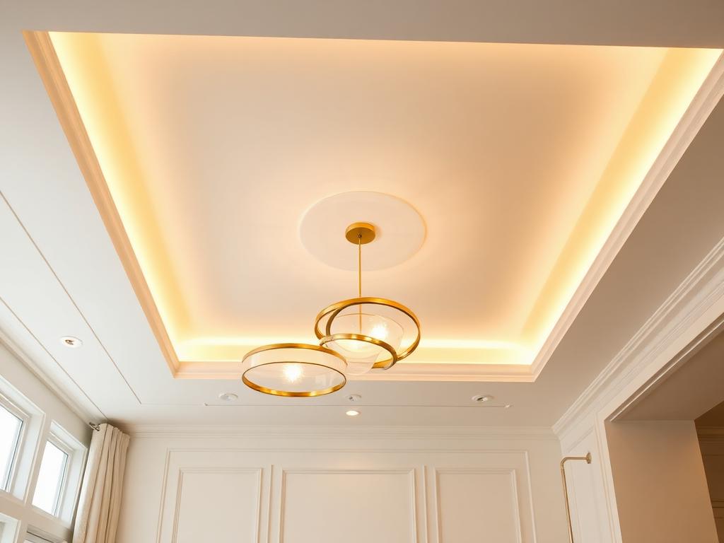 Recessed lighting and sculptural pendant fixtures in a luxurious ceiling