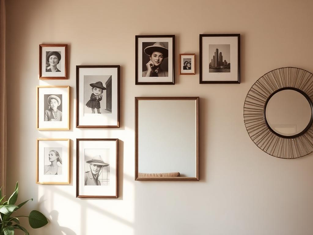 Curated wall decor with framed art and a decorative mirror